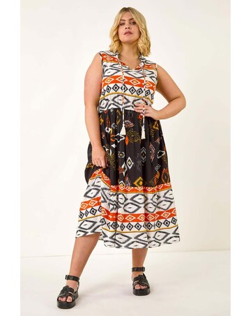 Roman Curve Aztec Print Smock Midi Dress
