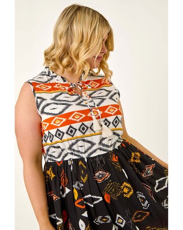 Roman Curve Aztec Print Smock Midi Dress