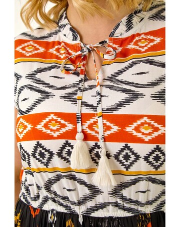 Roman Curve Aztec Print Smock Midi Dress