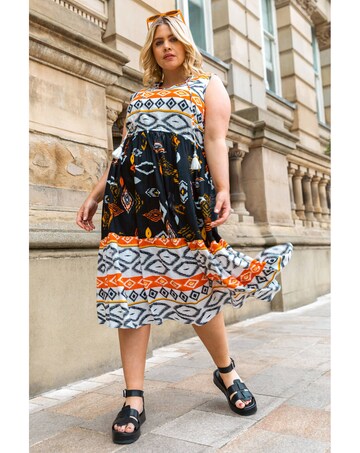Roman Curve Aztec Print Smock Midi Dress