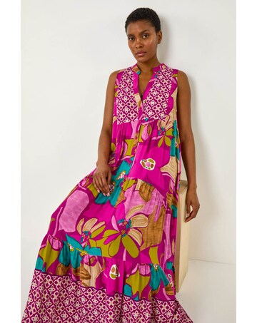 Roman Boho Floral Print Smock Maxi Dress