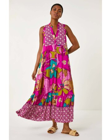 Roman Boho Floral Print Smock Maxi Dress