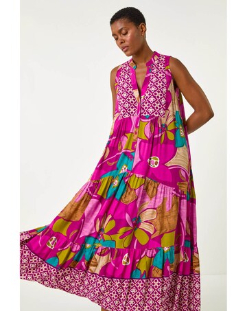 Roman Boho Floral Print Smock Maxi Dress