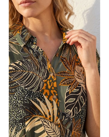 Roman Tropical Leaf Print Shirt Dress