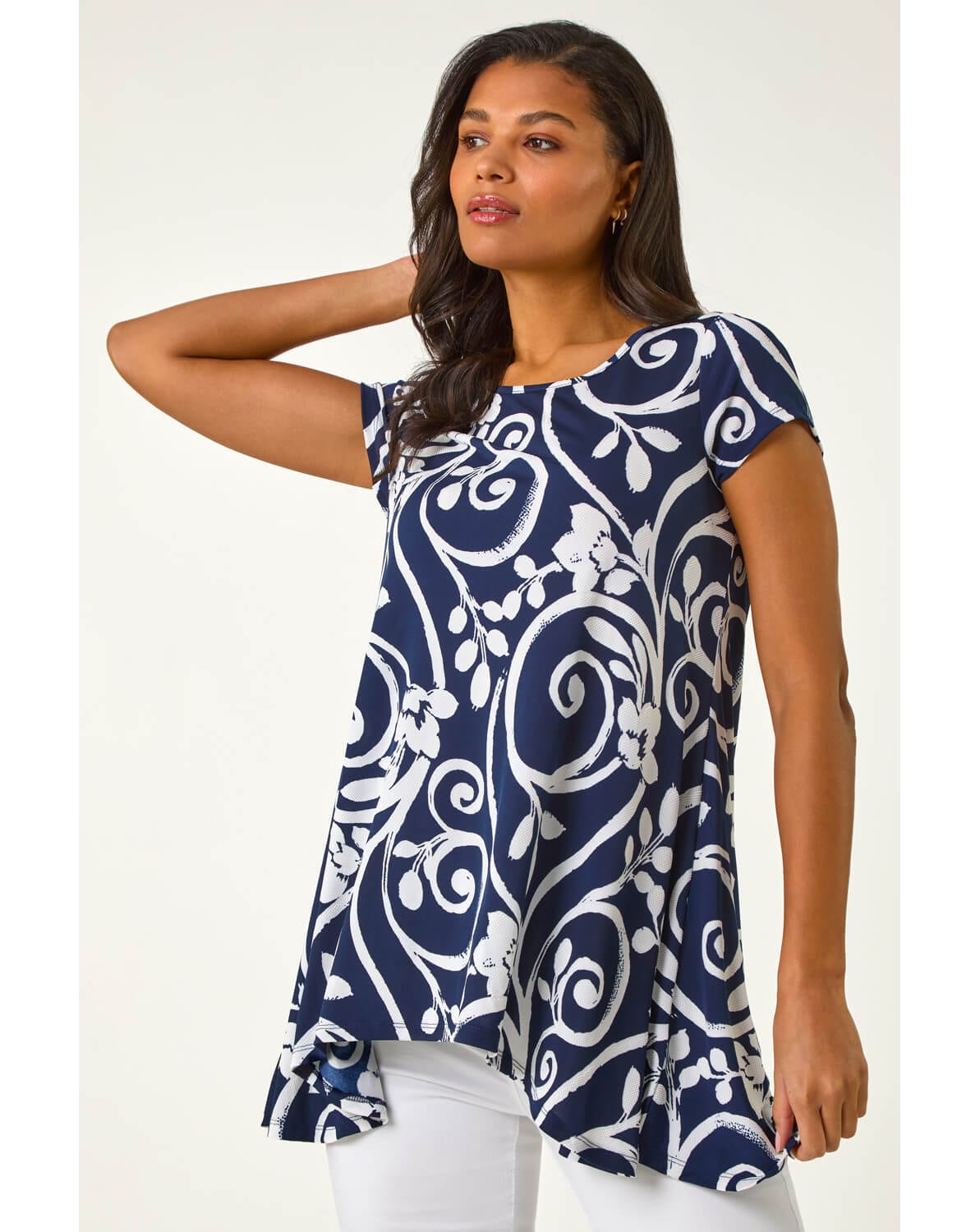 Roman Floral Print Hanky Hem Tunic Top