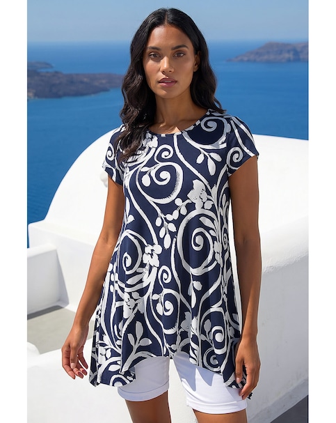 Roman Floral Print Hanky Hem Tunic Top