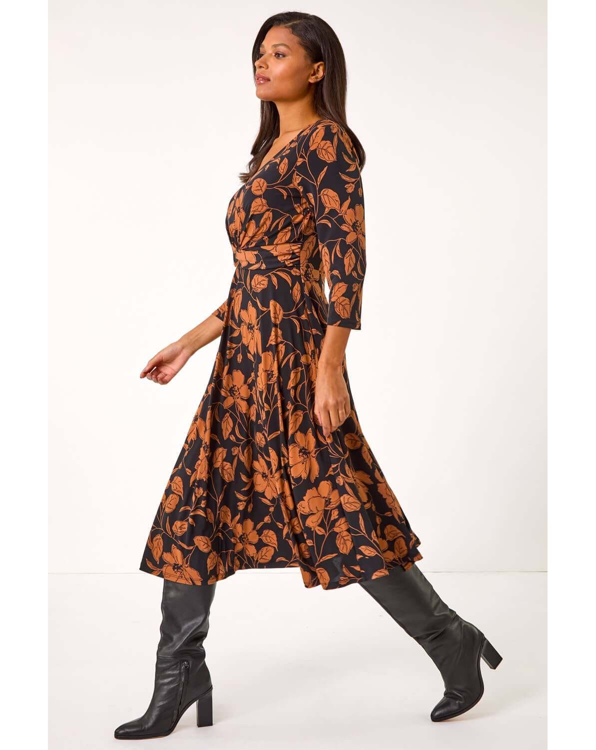 Roman Leaf Print Wrap Midi Dress