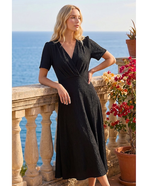 Roman Textured Wrap Bodice Midi Dress