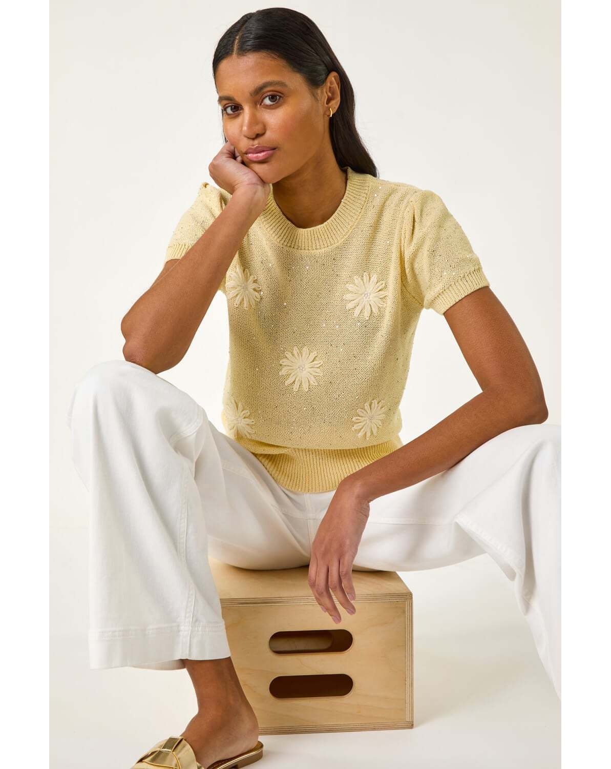 Roman Daisy Sparkly Embroidered Knit Top
