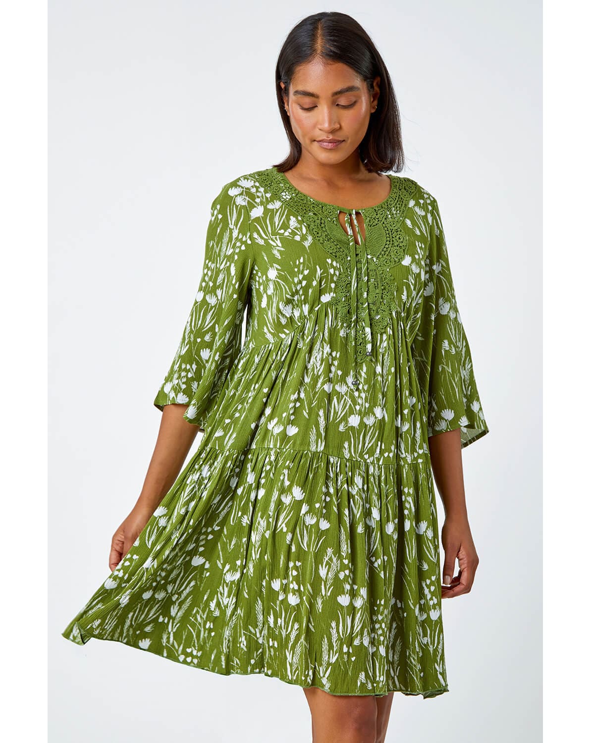 Roman Floral Lace Detail Smock Dress