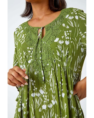 Roman Floral Lace Detail Smock Dress