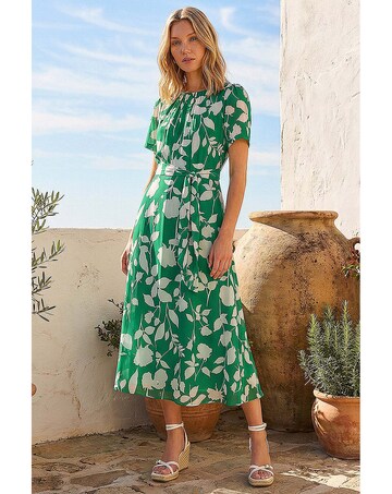 Roman Flower Print Pleat Neck Midi Dress