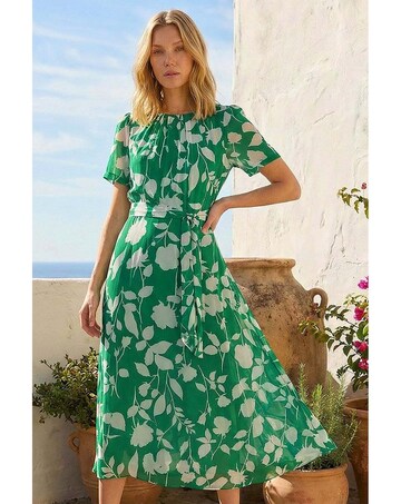 Roman Flower Print Pleat Neck Midi Dress