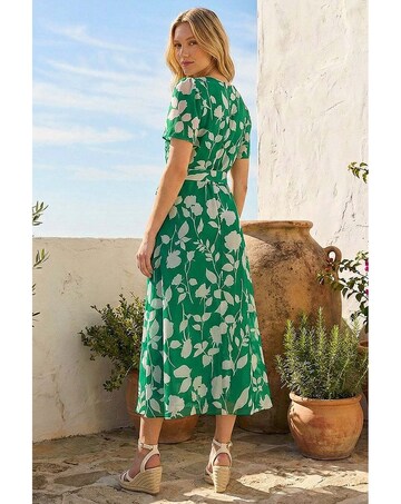 Roman Flower Print Pleat Neck Midi Dress