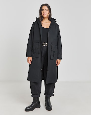 Black Hooded Longline Utility Coat