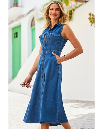 Sosandar Belted Denim Shirt Dress