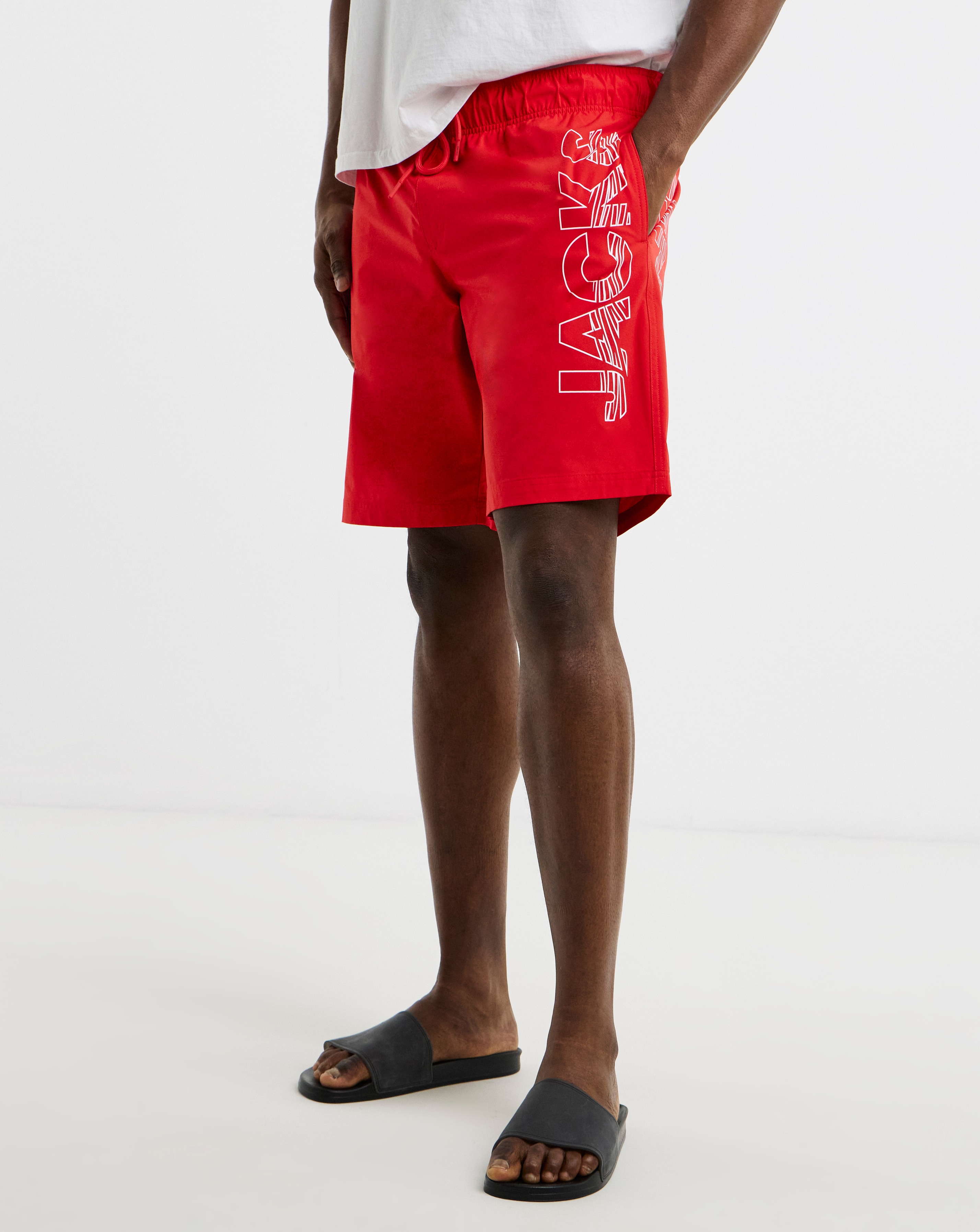 New In - Jack & Jones Maui Logo Swim Shorts - Red