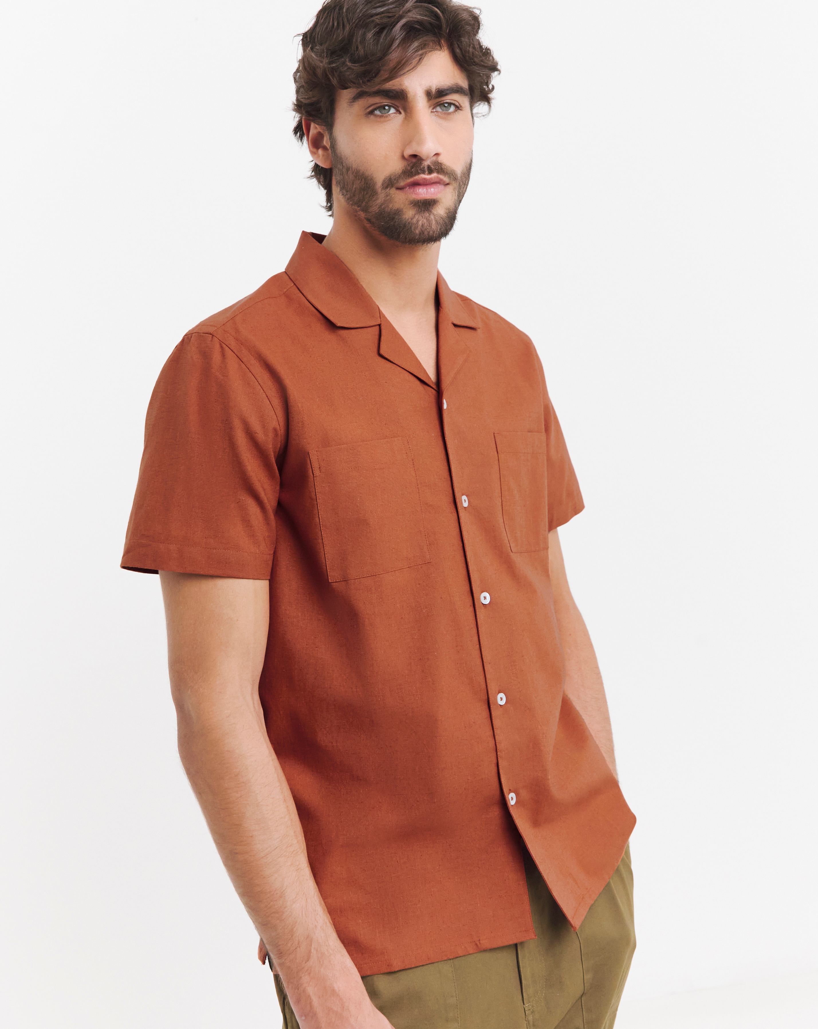Short Sleeve Revere Collar Linen Shirt