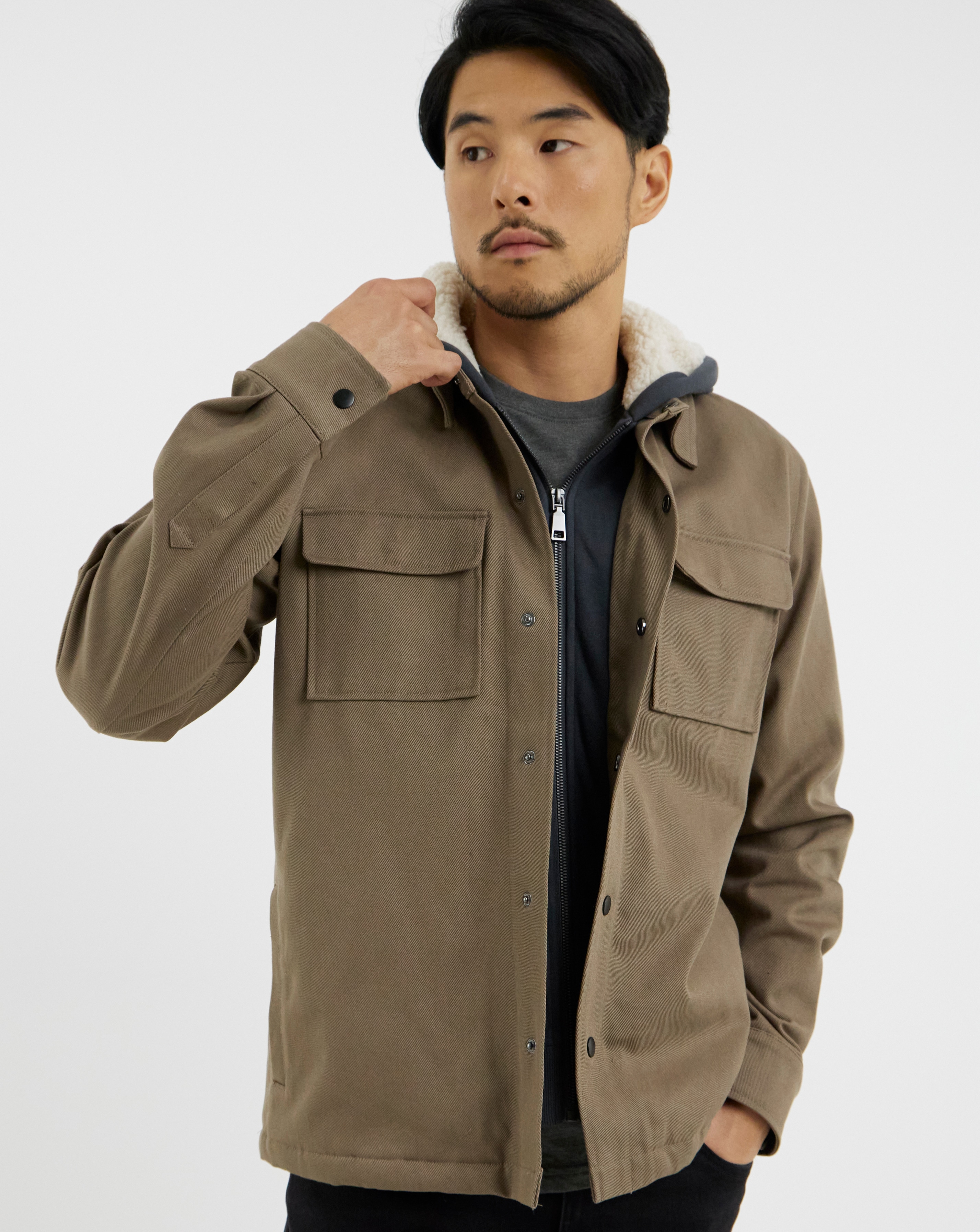 Hooded Borg Lined Twill Overshirt
