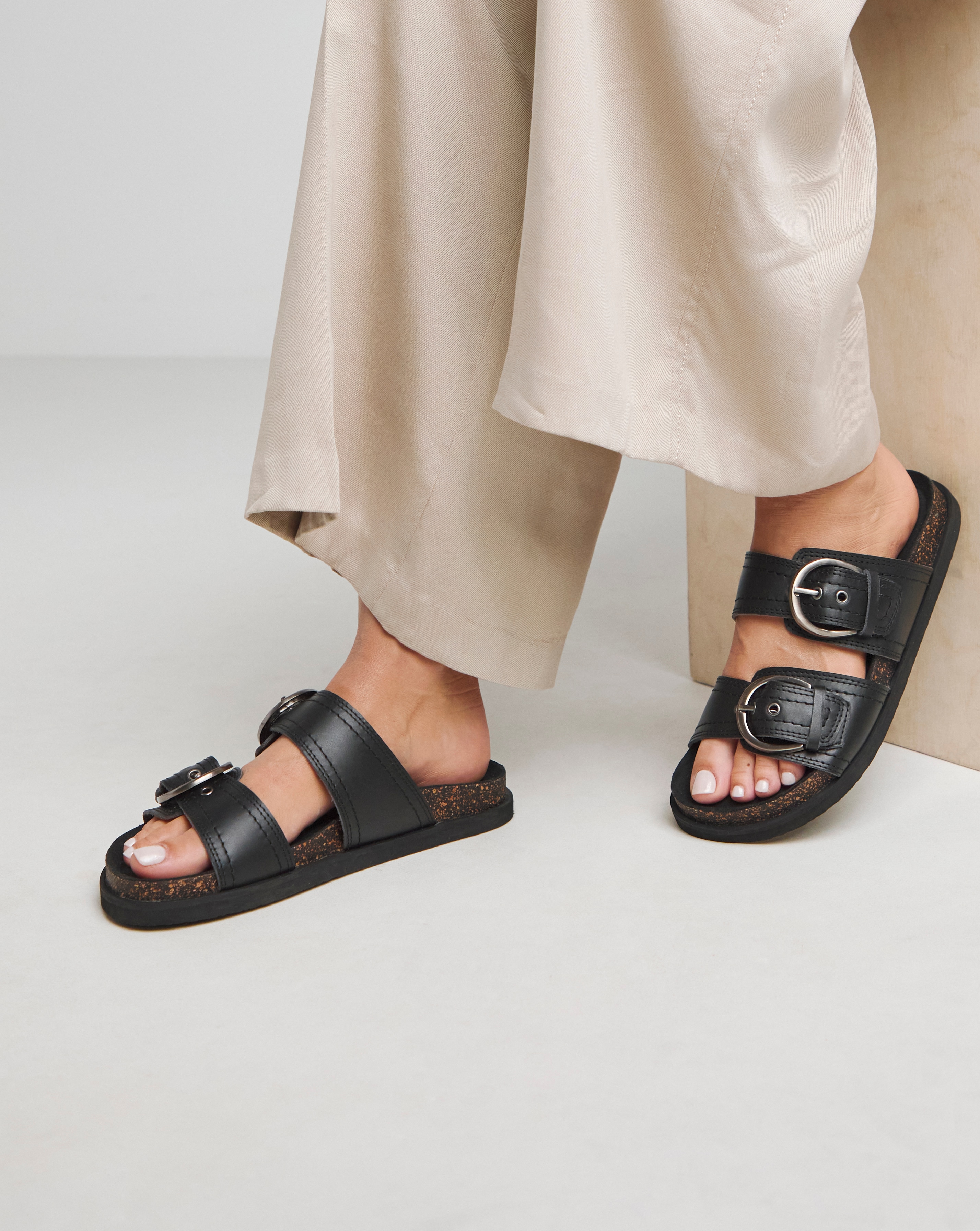 Leather Double Buckle Sandal Ex Wide