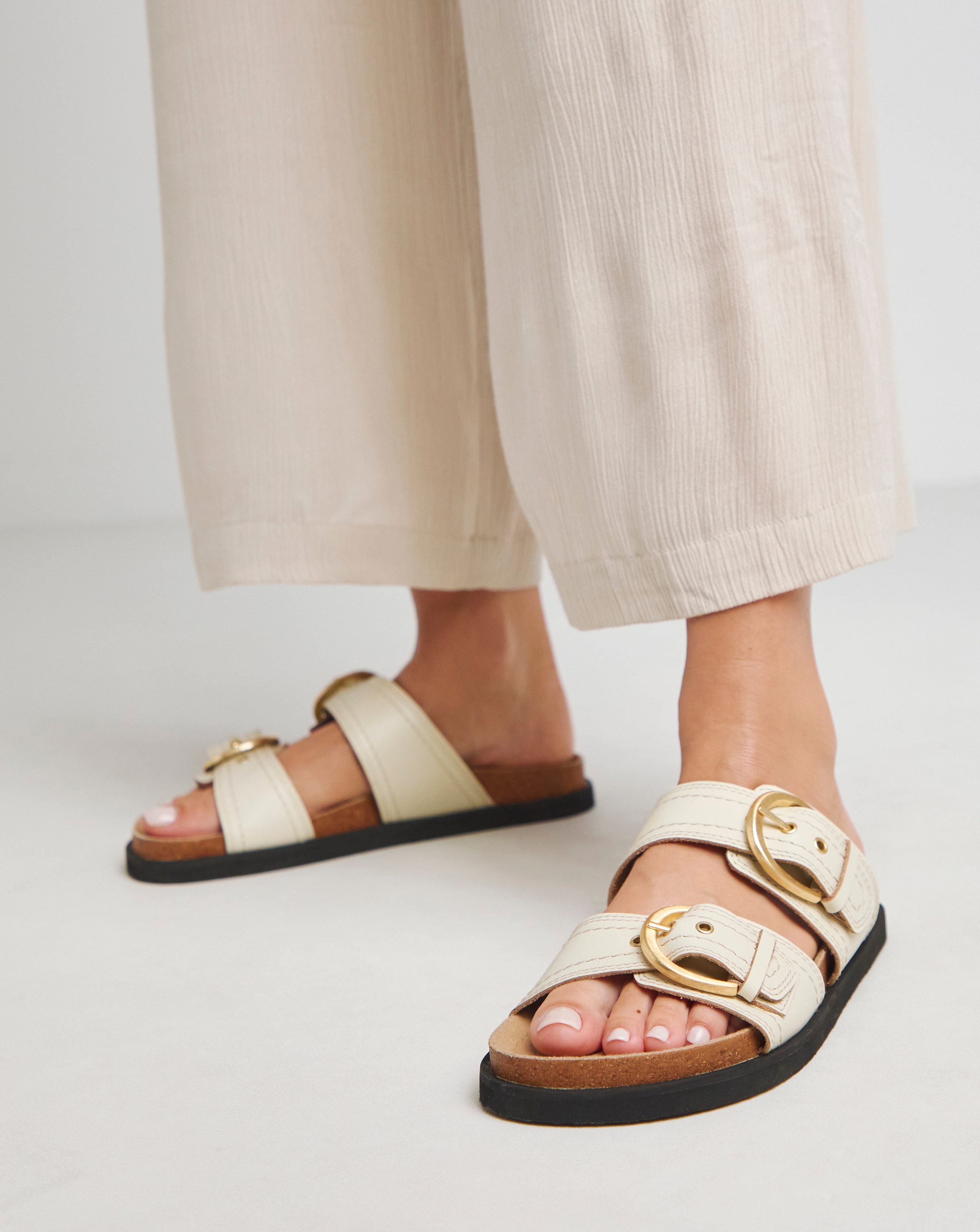 Leather Double Buckle Sandal Ex Wide