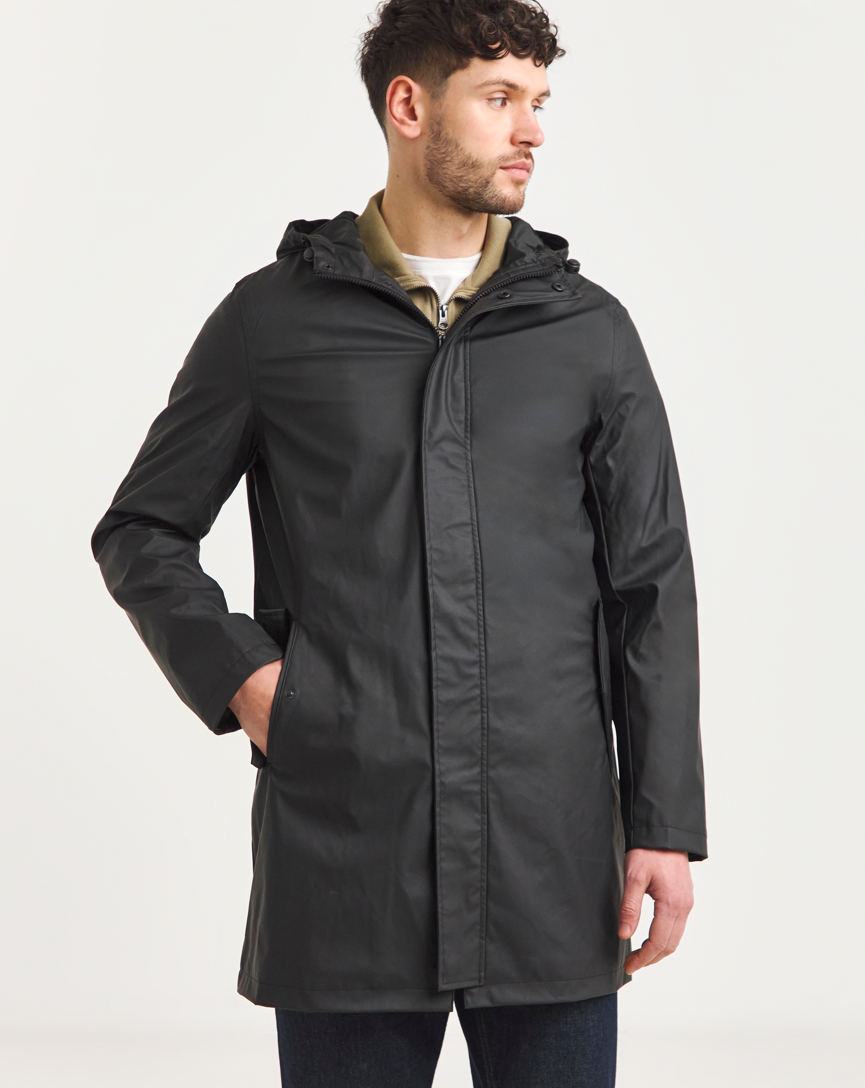 Black Rubberised Hooded Mac