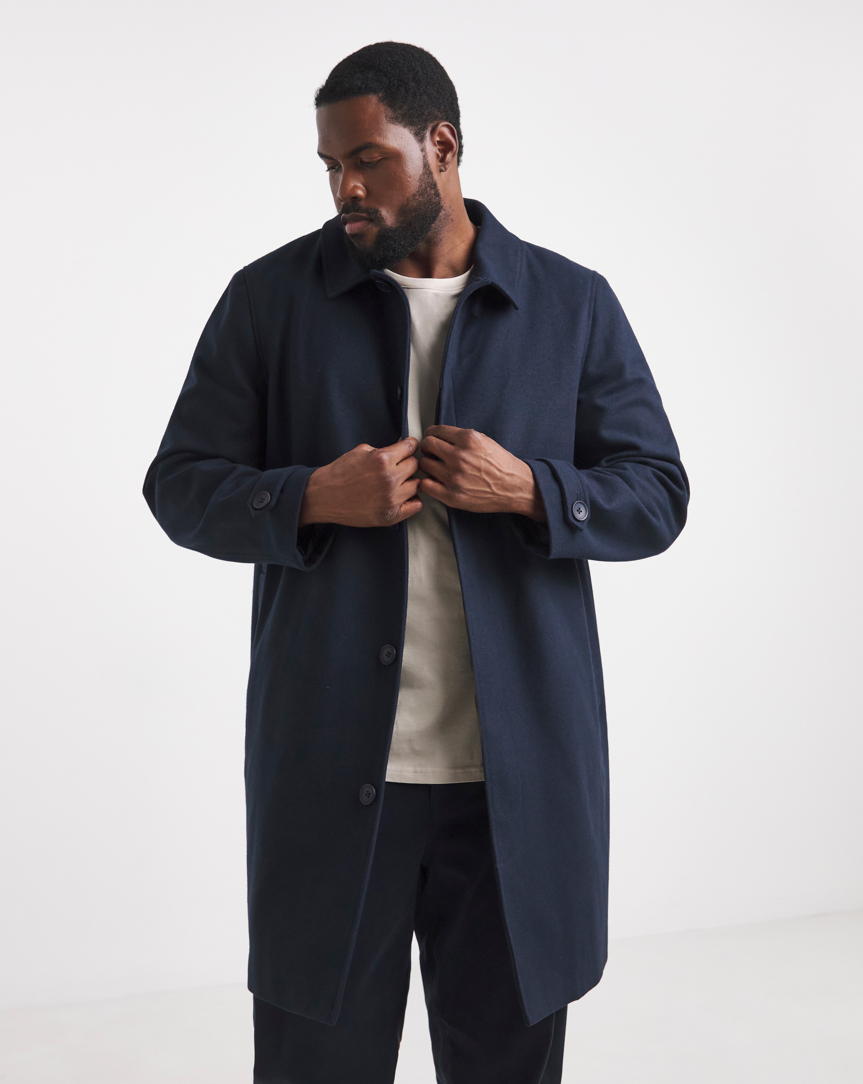 Navy Wool Blend Mac with Cuff Tab Detail