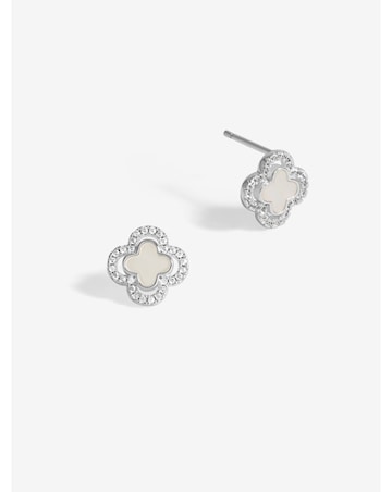 Simply Silver Sterling Silver 925 Mother Of Pearl and CZ Clover stud Earrings