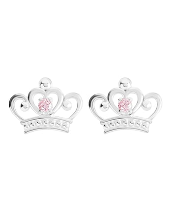 Sterling Silver Disney Princess Crown Pink Stone Set Stud Earrings
