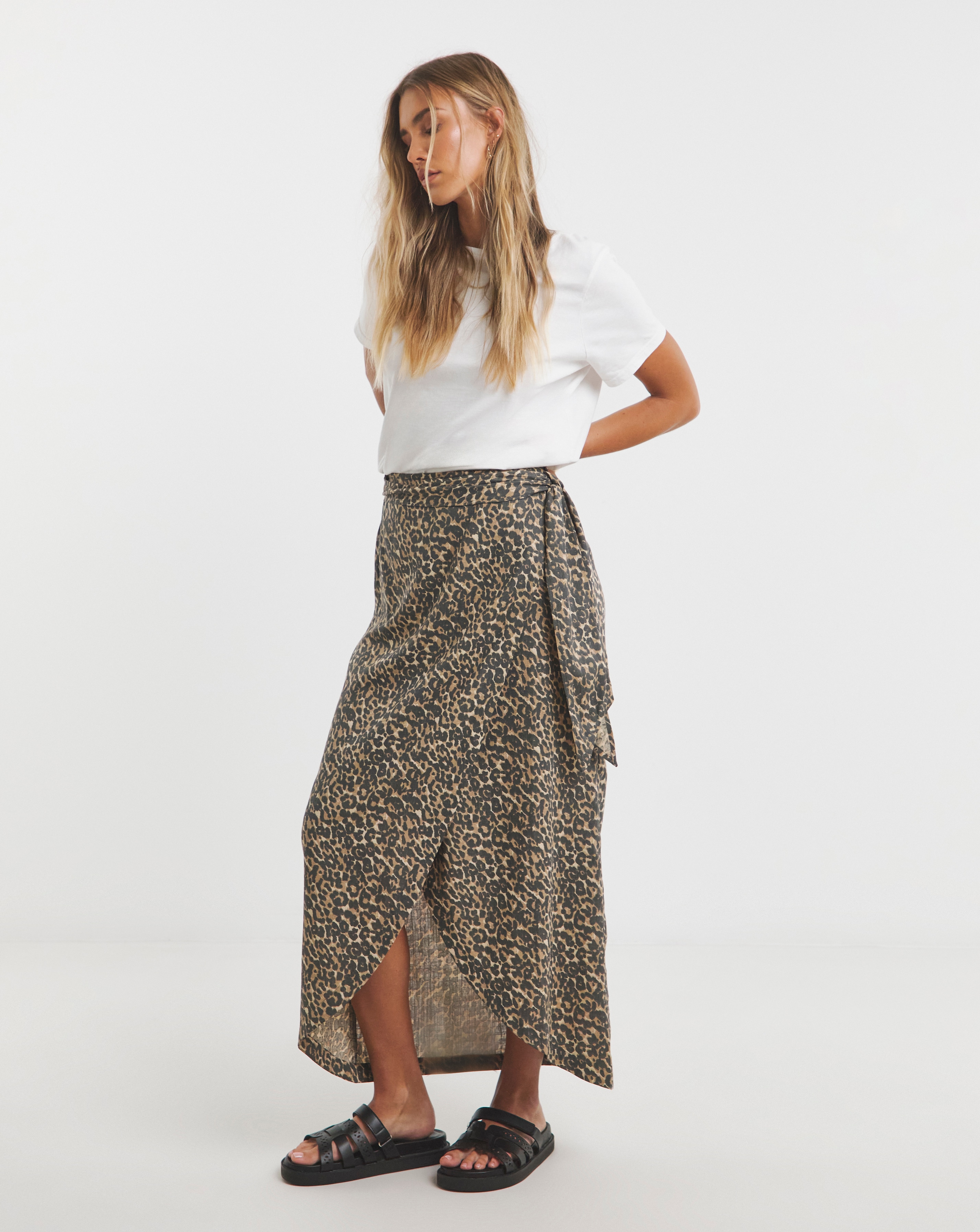 Linen Mix Wrap Midi Skirt