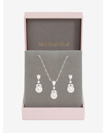 Jon Richard Rhodium Plated Crystal Leaf and Pearl Set - Gift Box