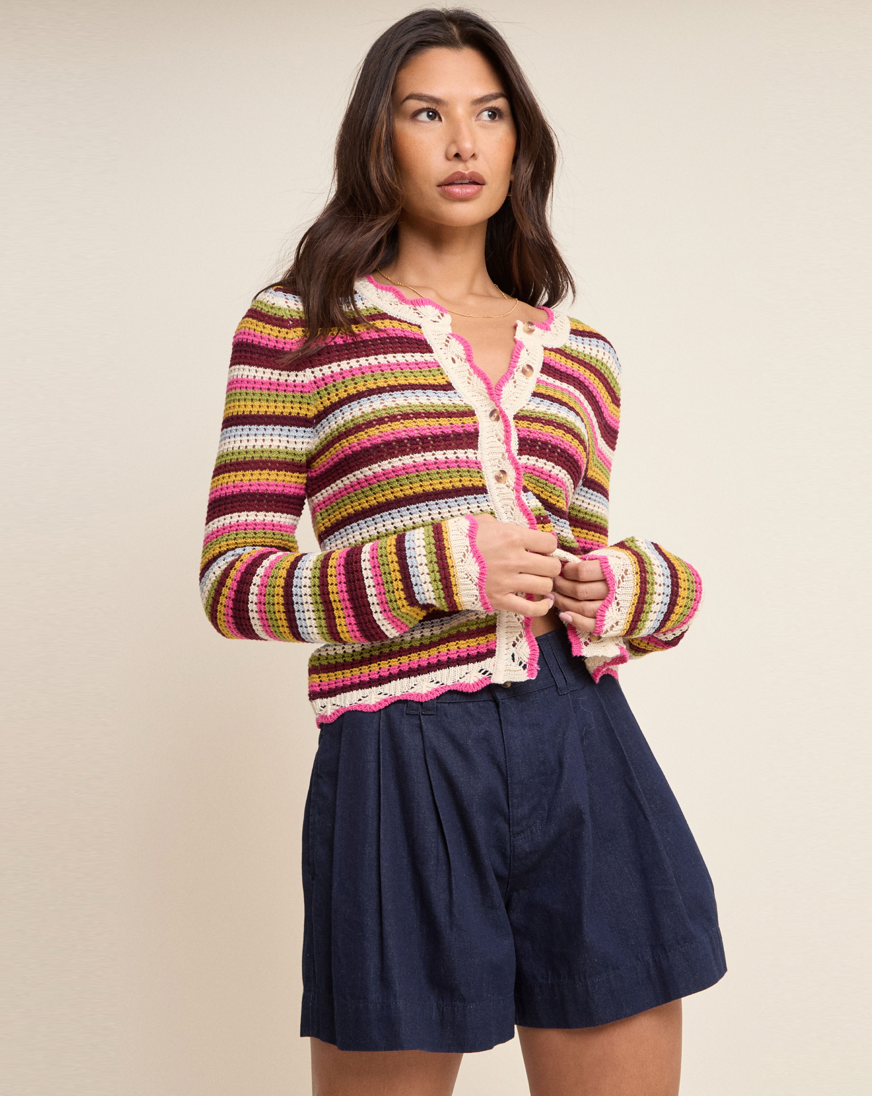 Nobody's Child Stripe Mock Crochet Cardigan | Ambrose Wilson
