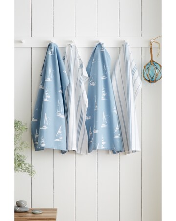 Catherine Lansfield Salcombe Boats Cotton Kitchen Tea Towel 4 Pack Blue