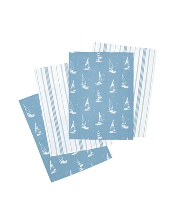 Catherine Lansfield Salcombe Boats Cotton Kitchen Tea Towel 4 Pack Blue
