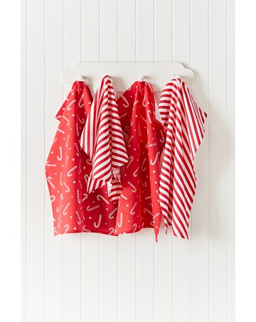 Catherine Lansfield Christmas Candy Cane Cotton Kitchen Tea Towel 4 Pack