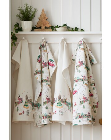 Catherine Lansfield Christmas Town Cotton Kitchen Tea Towel 4 Pack