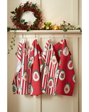 Catherine Lansfield Christmas Vintage Stripe Cotton Kitchen Tea Towel 4 Pack
