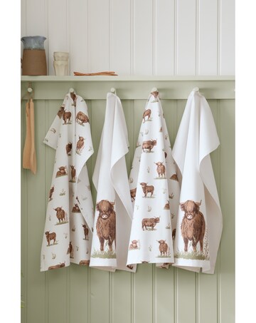 Catherine Lansfield Angus Highland Cow Cotton Kitchen Tea Towel 4 Pack