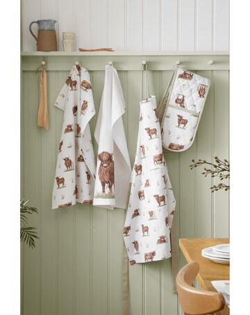 Catherine Lansfield Angus Highland Cow Cotton Kitchen Tea Towel 4 Pack