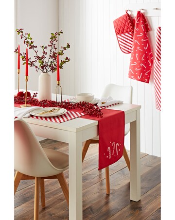 Catherine Lansfield Christmas Candy Cane Cotton Embroidered Dining Table Runner