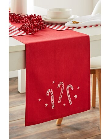Catherine Lansfield Christmas Candy Cane Cotton Embroidered Dining Table Runner