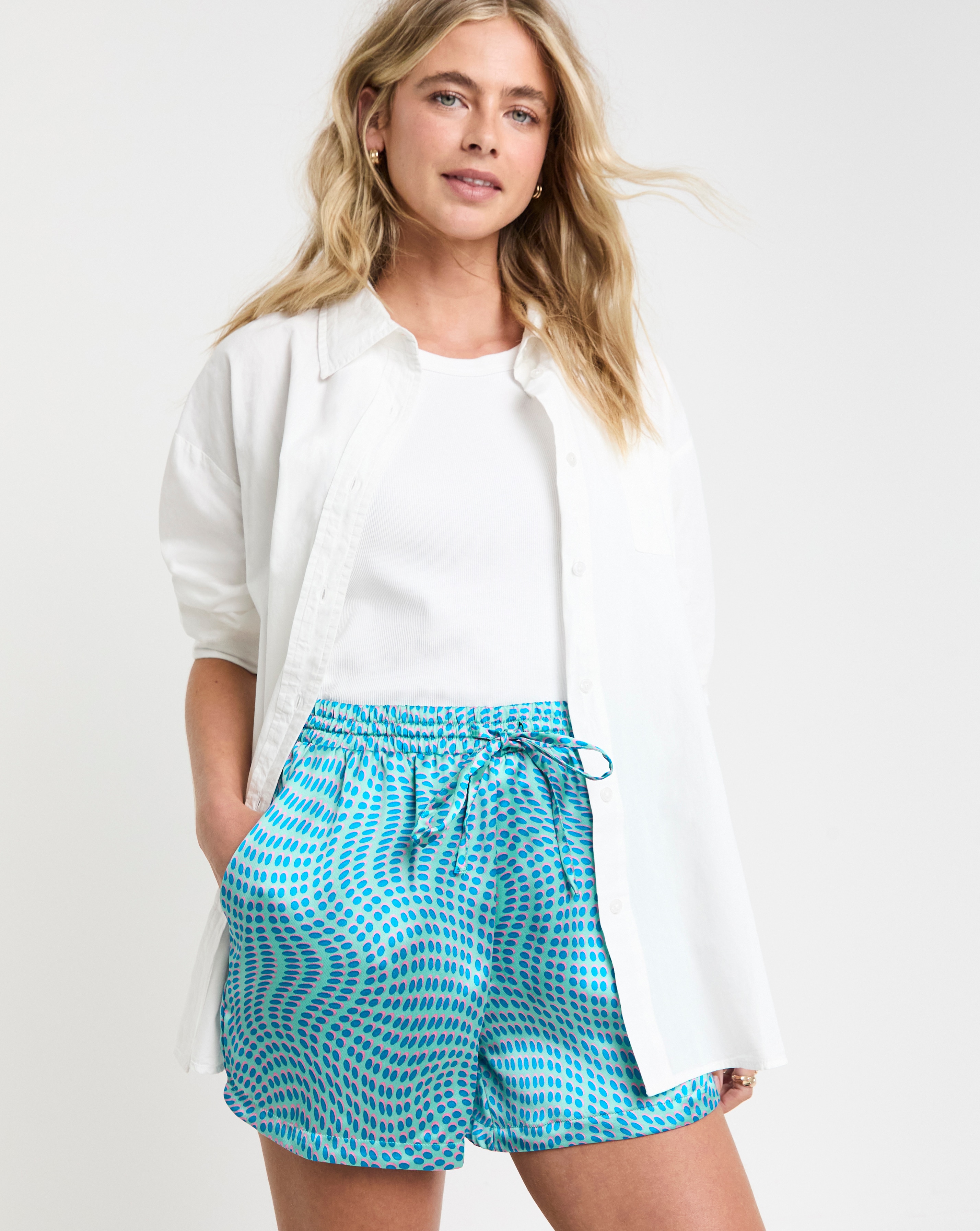 Blue Print Satin Tie Waist Short