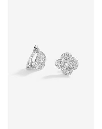 Jon Richard Rhodium Plated Cubic Zirconia Pave Clover Clip Earrings