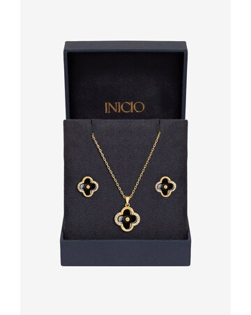 Inicio Gold Plated And Jet Enamel Clover Set - Gift Boxed