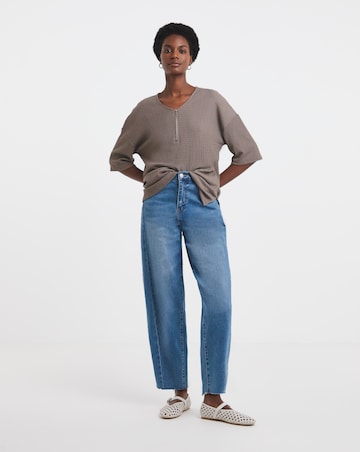 Mocha Textured V-Neck Zip Front Short Sleeve Longline Top