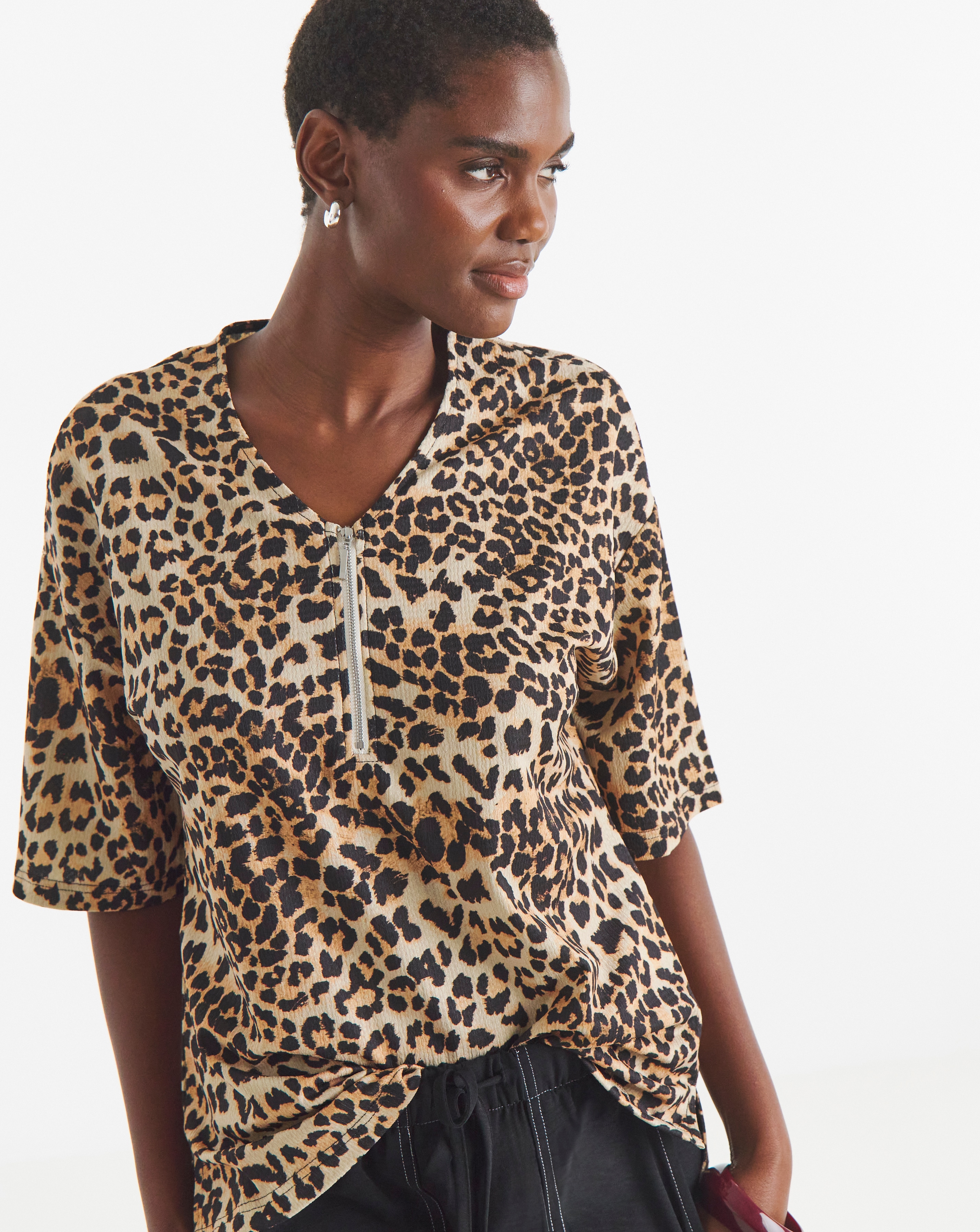 New In - Textured V-Neck Zip Front SS