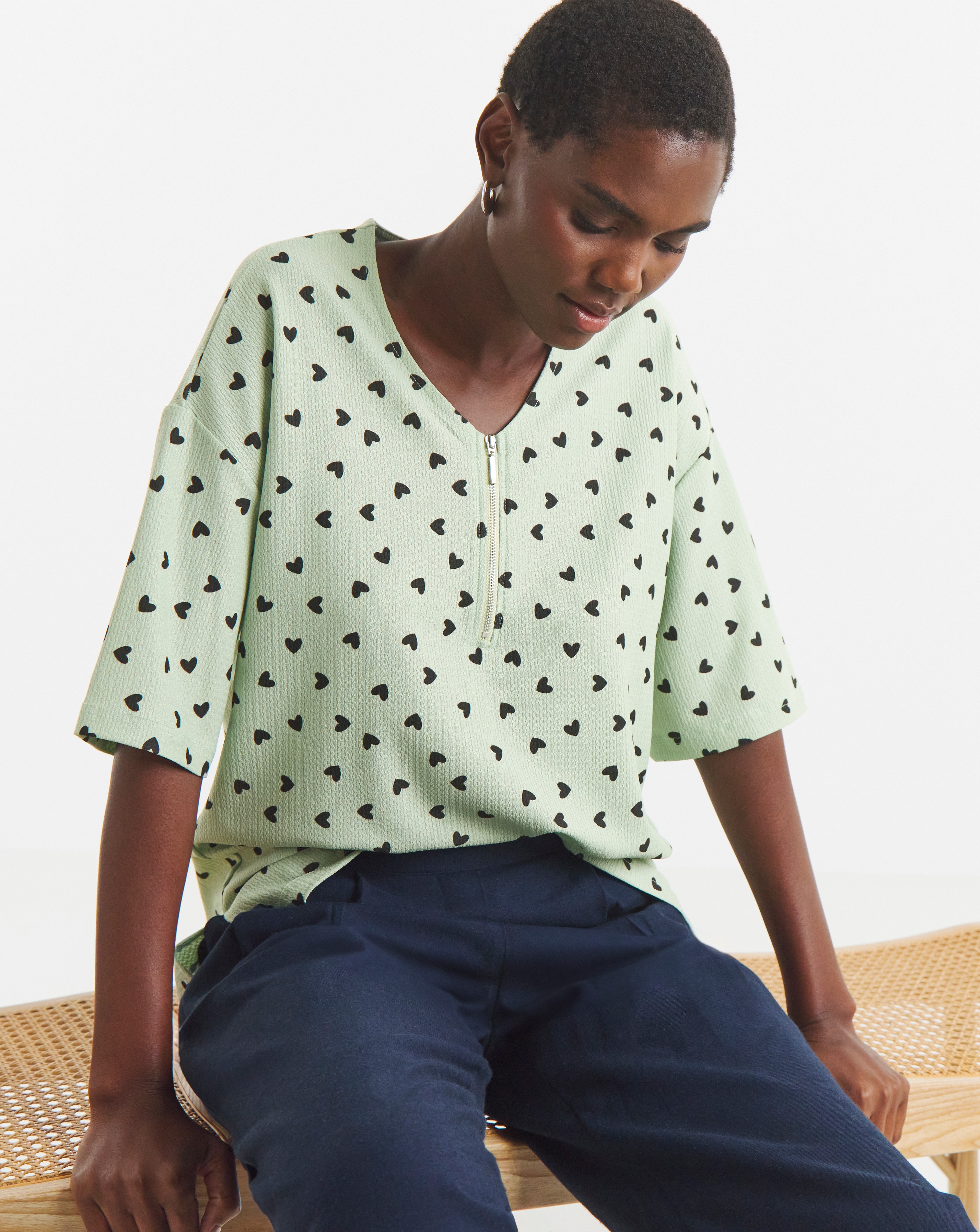 New In - Textured V-Neck Zip Front SS