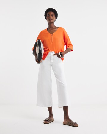 Orange Textured V-Neck Zip Front Short Sleeve Longline Top