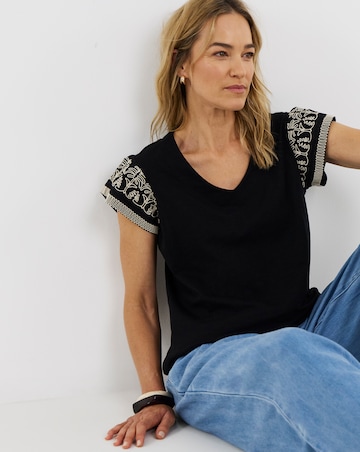 V-Neck Embroidered Sleeve T-Shirt