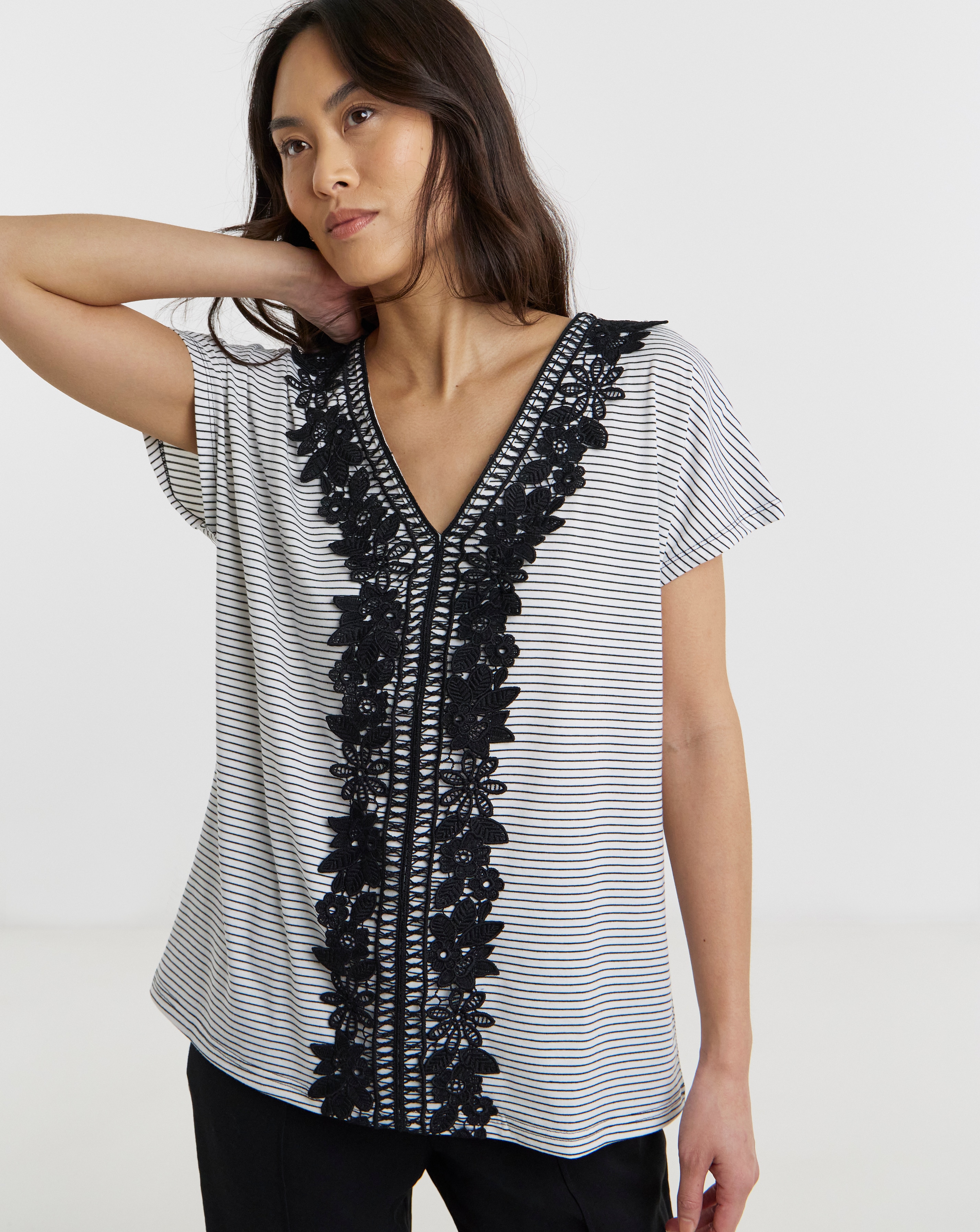New In - Stripe Lace Neckline T-Shirt